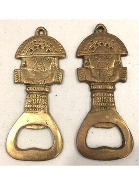 Brass Mayan Warrior Design 3 3/4" Bottle Openers Set of 2 Patina